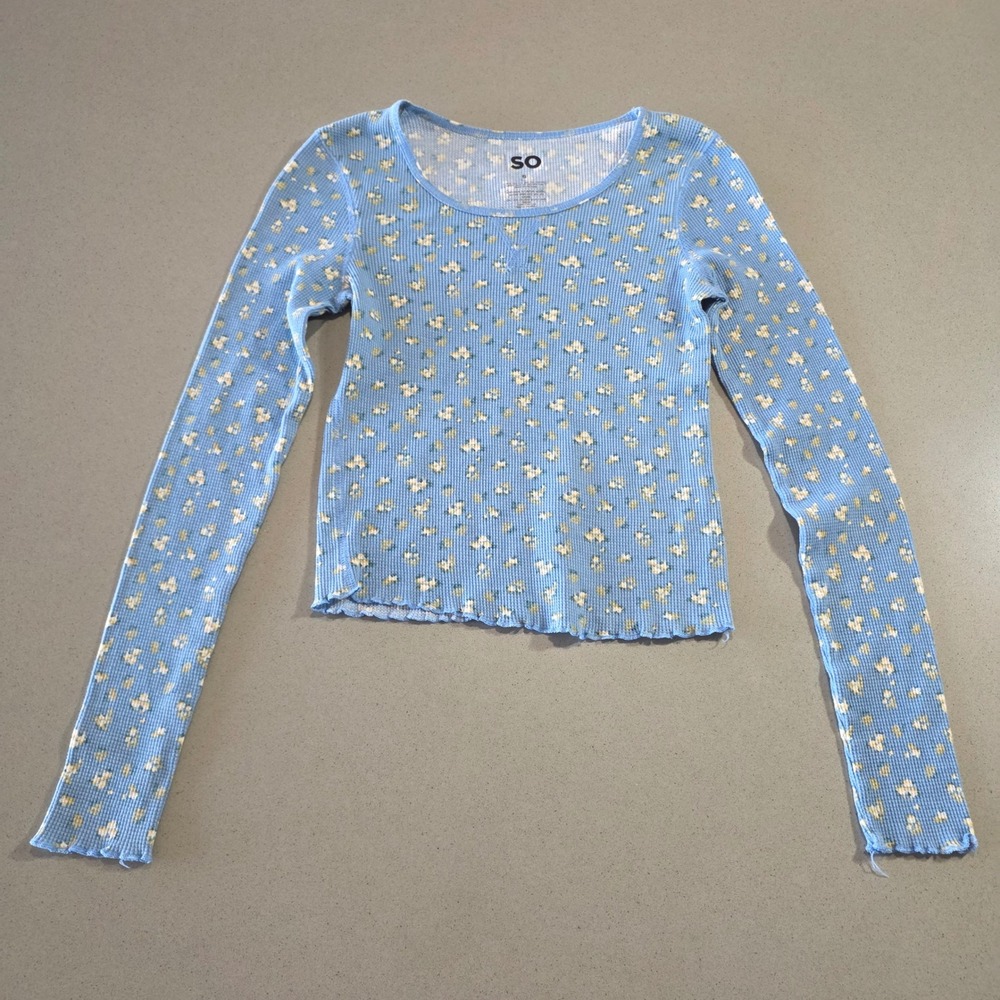 SO Womens Blue Floral Waffle Knit Thermal Long Sleeve Scoop Neck Top Size‎ S